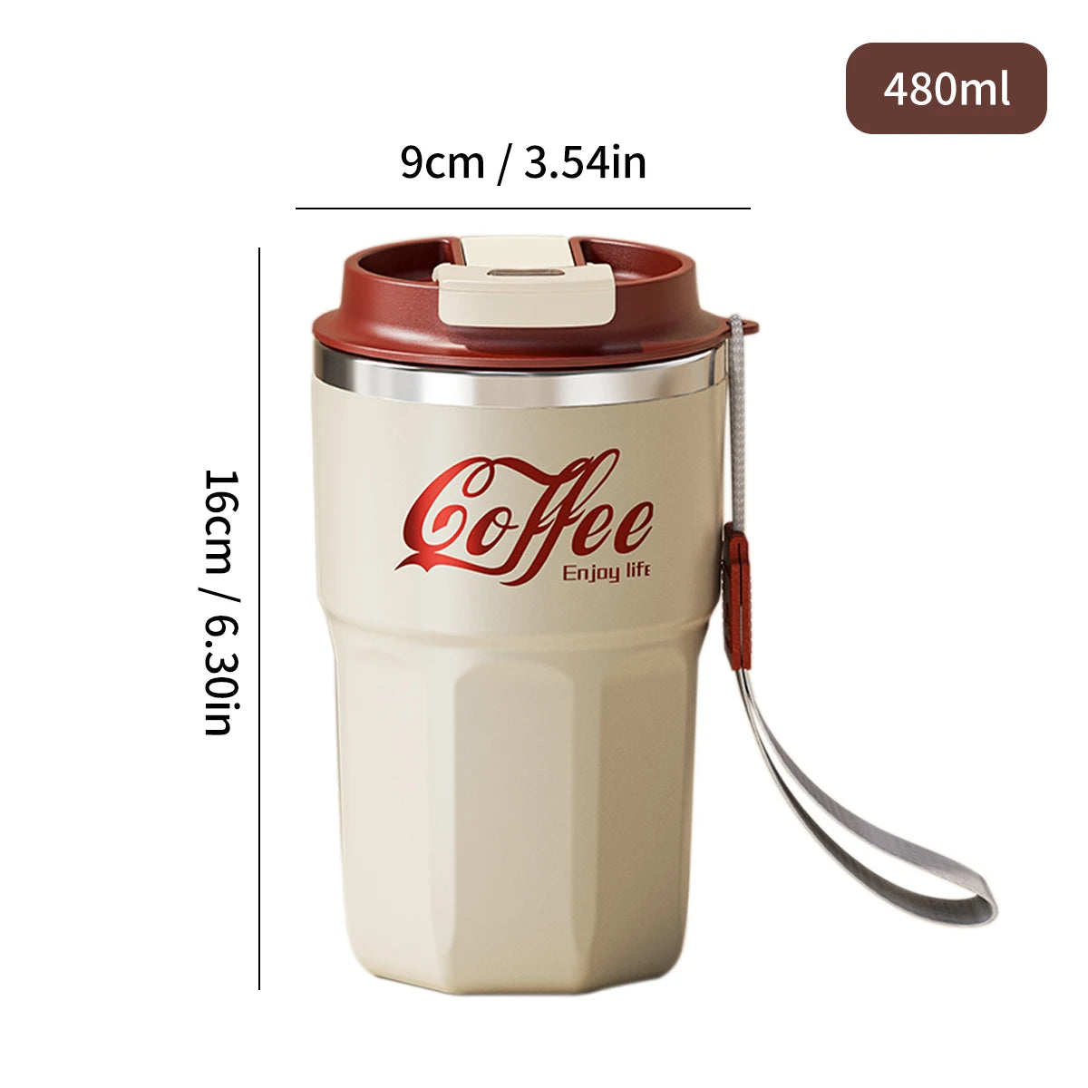 „WORTHBUY 400/480 ml Kaffeebecher aus 304‑Edelstahl mit Deckel und Griff, doppelwandiger Kaffeebecher, wiederverwendbares isoliertes Trinkgefäß“