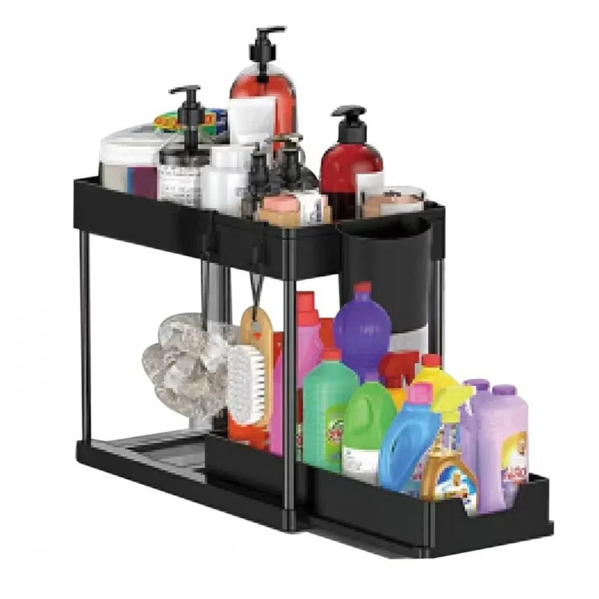 Under Sink Organizer 2-stöckig – Ausziehbarer Schrank-Organizer mit Haken für Küche & Bad, Platzsparender Aufbewahrungskorb mit Tassenhalter
