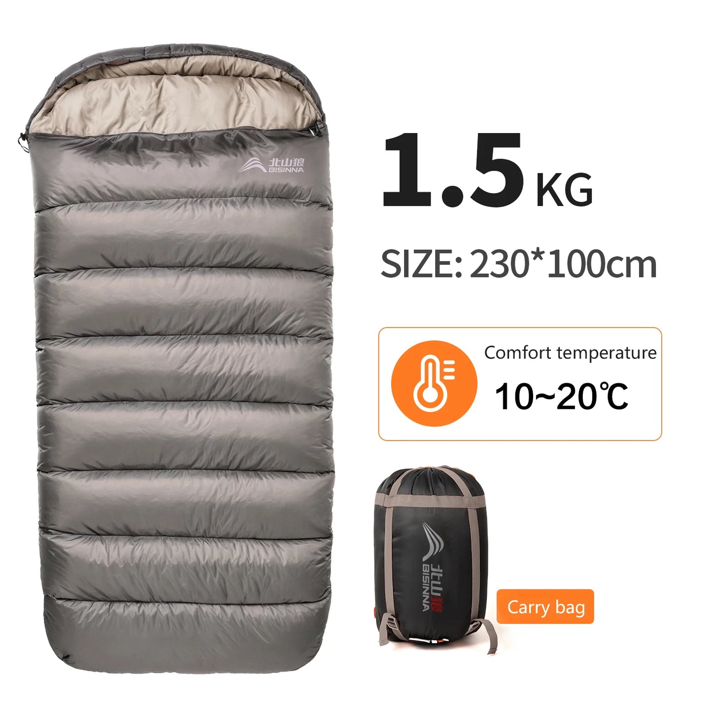 Bisinna Camping Schlafsack – 3 Jahreszeiten, Envelope-Design, 1,5–3,5 kg Füllung