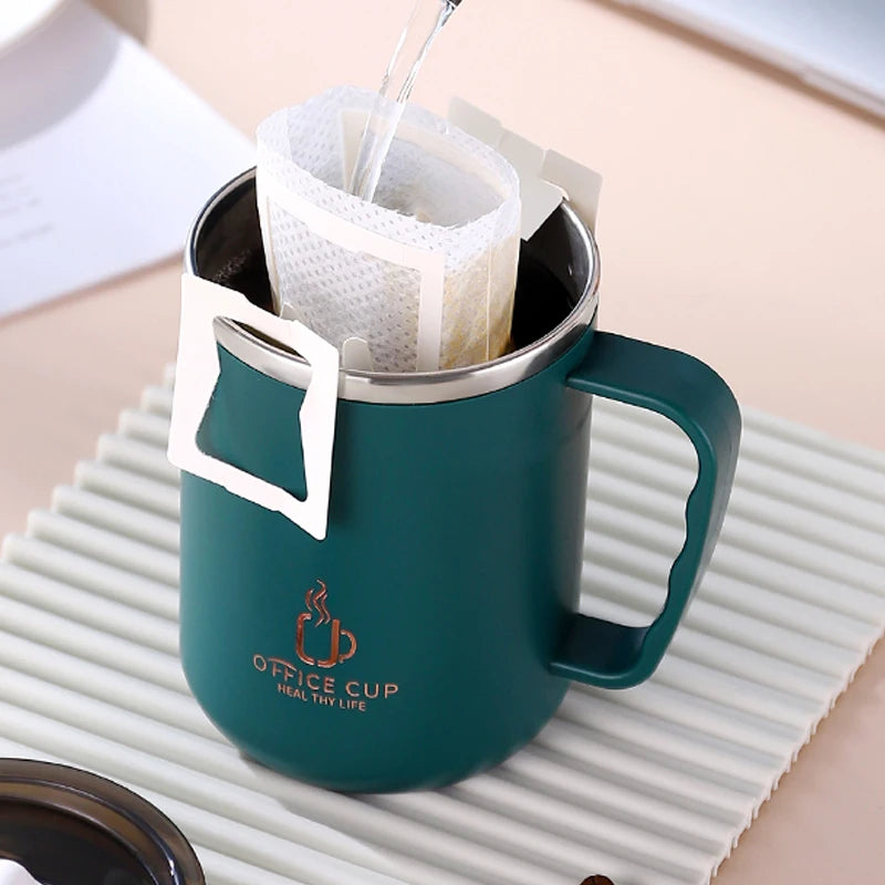„500‑ml / 17‑oz Thermobecher aus 304‑Edelstahl – doppelwandig, Kaffeebecher/Milchbecher mit Kunststoffdeckel und Griff“