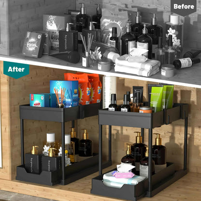 Under Sink Organizer 2-stöckig – Ausziehbarer Schrank-Organizer mit Haken für Küche & Bad, Platzsparender Aufbewahrungskorb mit Tassenhalter