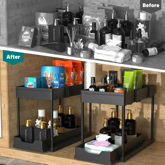 Under Sink Organizer 2-stöckig – Ausziehbarer Schrank-Organizer mit Haken für Küche & Bad, Platzsparender Aufbewahrungskorb mit Tassenhalter