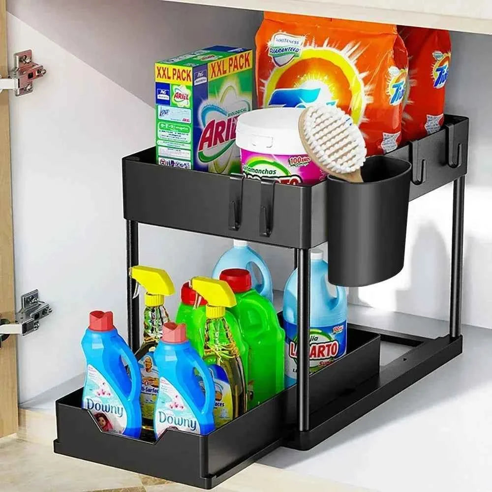 Under Sink Organizer 2-stöckig – Ausziehbarer Schrank-Organizer mit Haken für Küche & Bad, Platzsparender Aufbewahrungskorb mit Tassenhalter