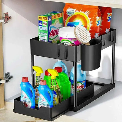 Under Sink Organizer 2-stöckig – Ausziehbarer Schrank-Organizer mit Haken für Küche & Bad, Platzsparender Aufbewahrungskorb mit Tassenhalter