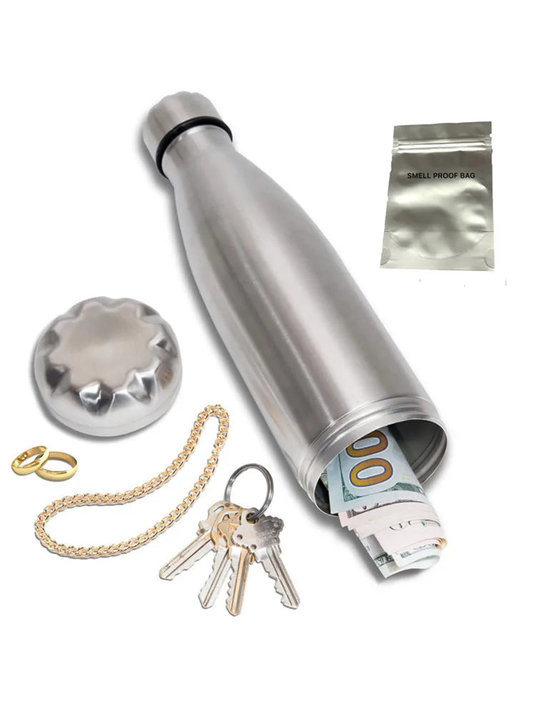 „Diversion‑Wasserflasche – Edelstahl‑Tumbler‑Safe mit lebensmittelechtem, geruchsdichtem Beutel; Boden abschraubbar zur Aufbewahrung“