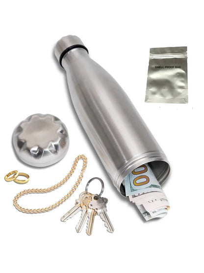 „Diversion‑Wasserflasche – Edelstahl‑Tumbler‑Safe mit lebensmittelechtem, geruchsdichtem Beutel; Boden abschraubbar zur Aufbewahrung“