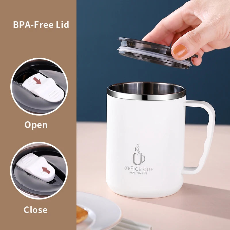 „500‑ml / 17‑oz Thermobecher aus 304‑Edelstahl – doppelwandig, Kaffeebecher/Milchbecher mit Kunststoffdeckel und Griff“