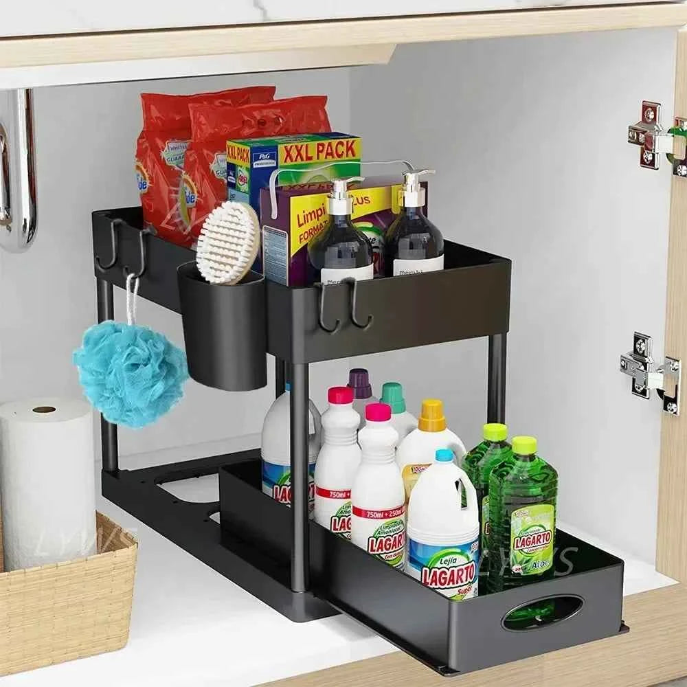 Under Sink Organizer 2-stöckig – Ausziehbarer Schrank-Organizer mit Haken für Küche & Bad, Platzsparender Aufbewahrungskorb mit Tassenhalter