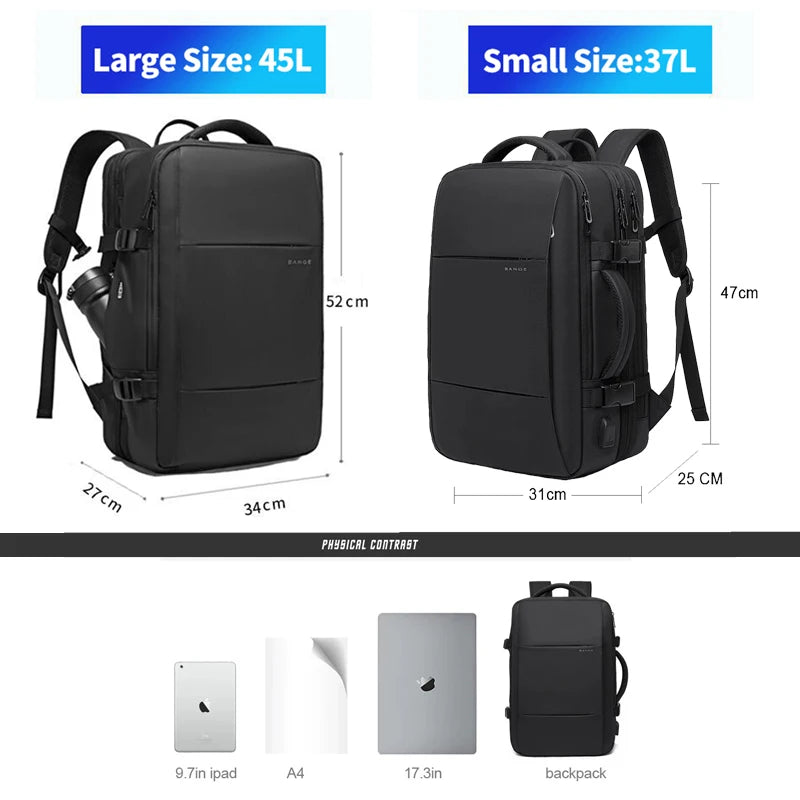 Bange BG-1908 ist ein großer, erweiterbarer, wasserdichter Business‑ und Reiserucksack, der Laptops bis 17,3 Zoll fasst und durch USB‑Port.