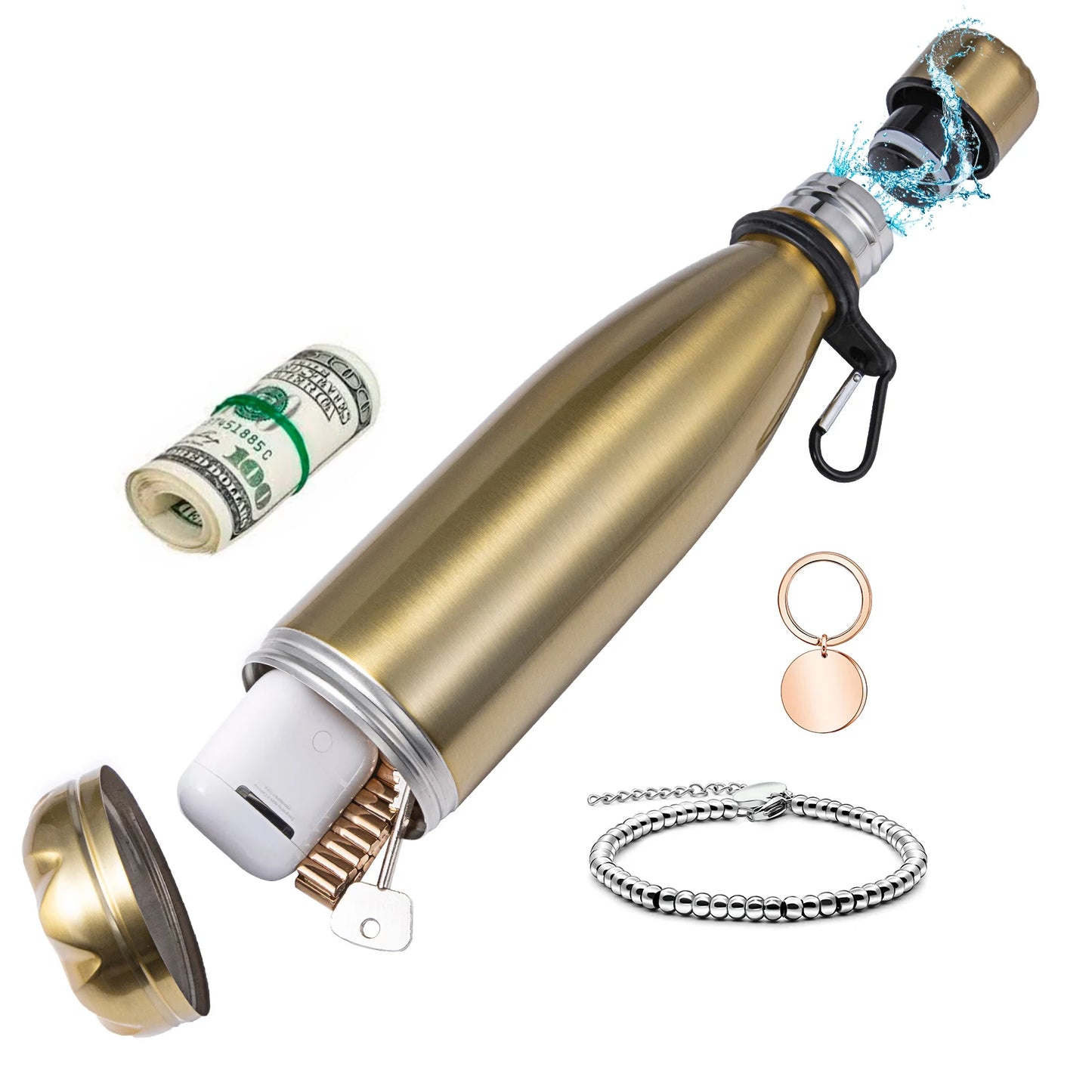 „Diversion‑Wasserflasche – Edelstahl‑Tumbler‑Safe mit lebensmittelechtem, geruchsdichtem Beutel; Boden abschraubbar zur Aufbewahrung“
