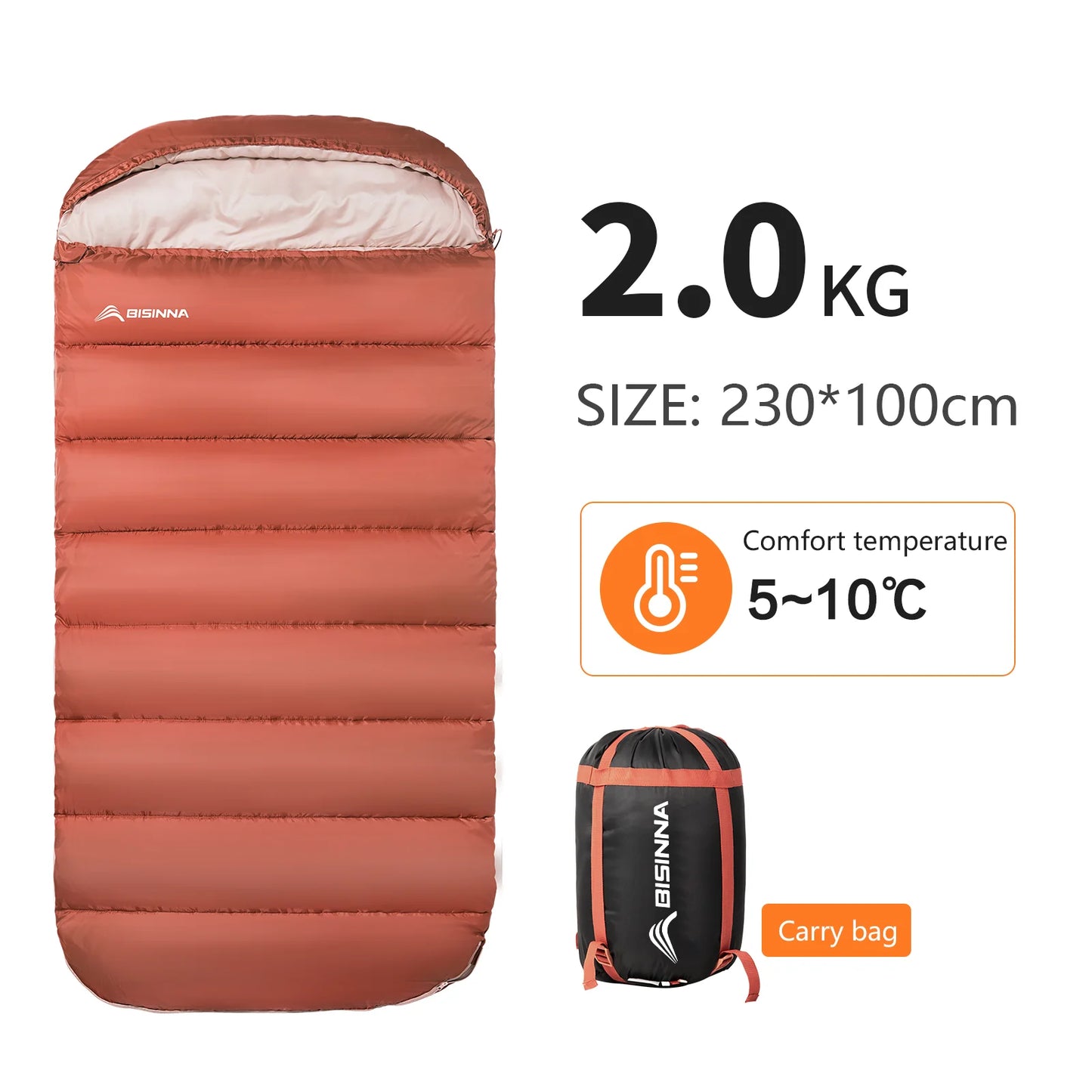 Bisinna Camping Schlafsack – 3 Jahreszeiten, Envelope-Design, 1,5–3,5 kg Füllung