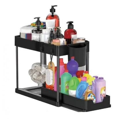 Under Sink Organizer 2-stöckig – Ausziehbarer Schrank-Organizer mit Haken für Küche & Bad, Platzsparender Aufbewahrungskorb mit Tassenhalter