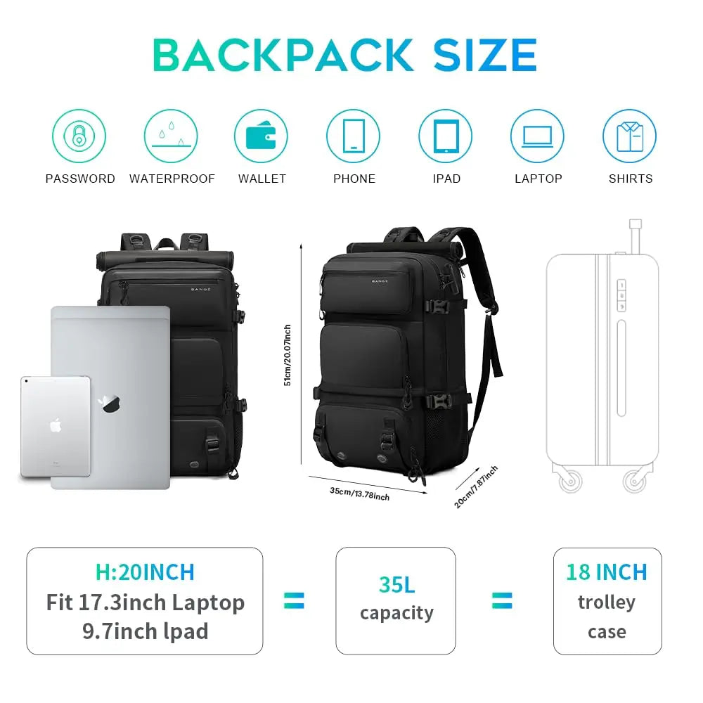 BANGE 30L Diebstahlsicherer, wasserdichter Wander‑ und Campingrucksack – Abnehmbarer Trekking‑Bag – Großes Fassungsvermögen – Outdoor‑Sport‑ und Reiserucksack