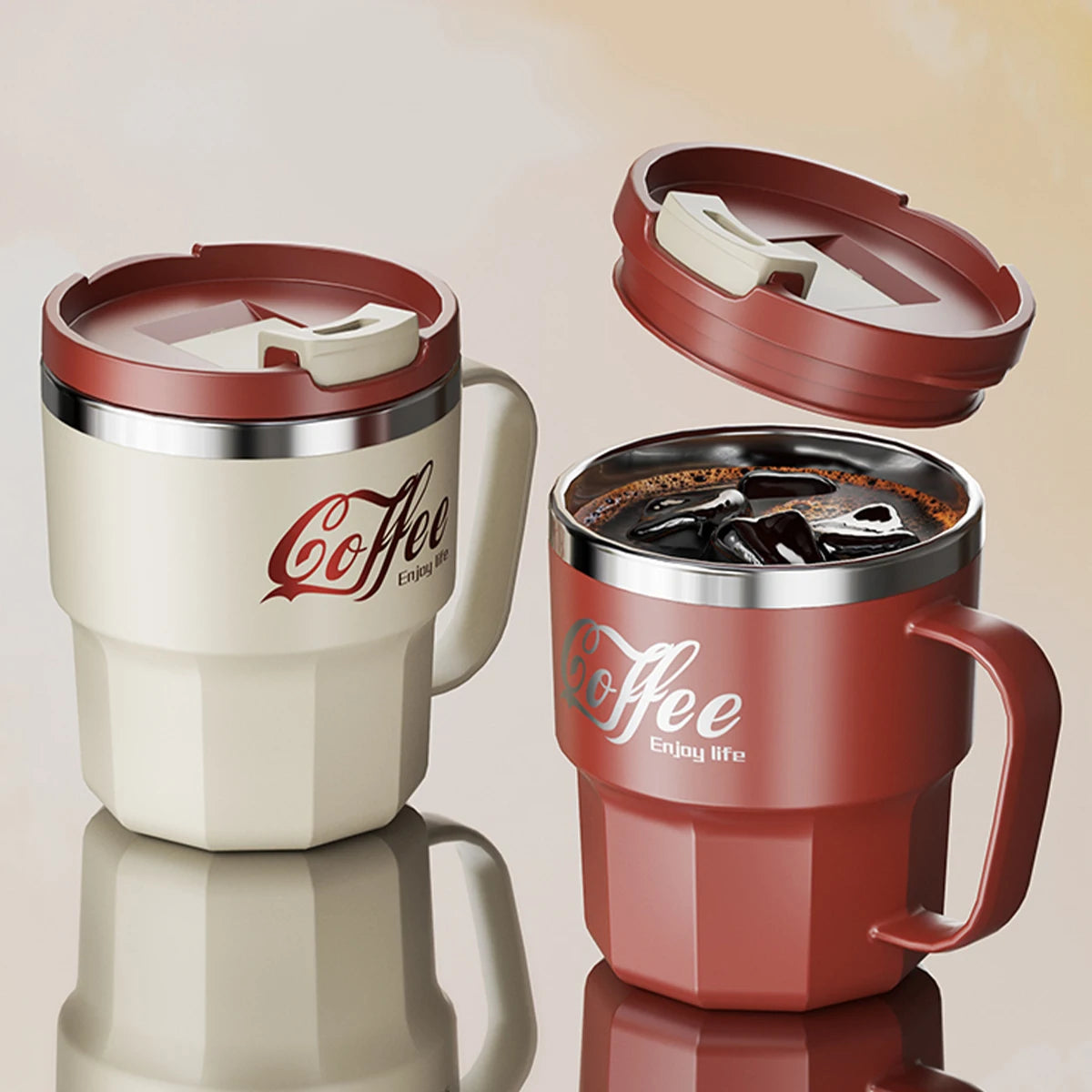„WORTHBUY 400/480 ml Kaffeebecher aus 304‑Edelstahl mit Deckel und Griff, doppelwandiger Kaffeebecher, wiederverwendbares isoliertes Trinkgefäß“