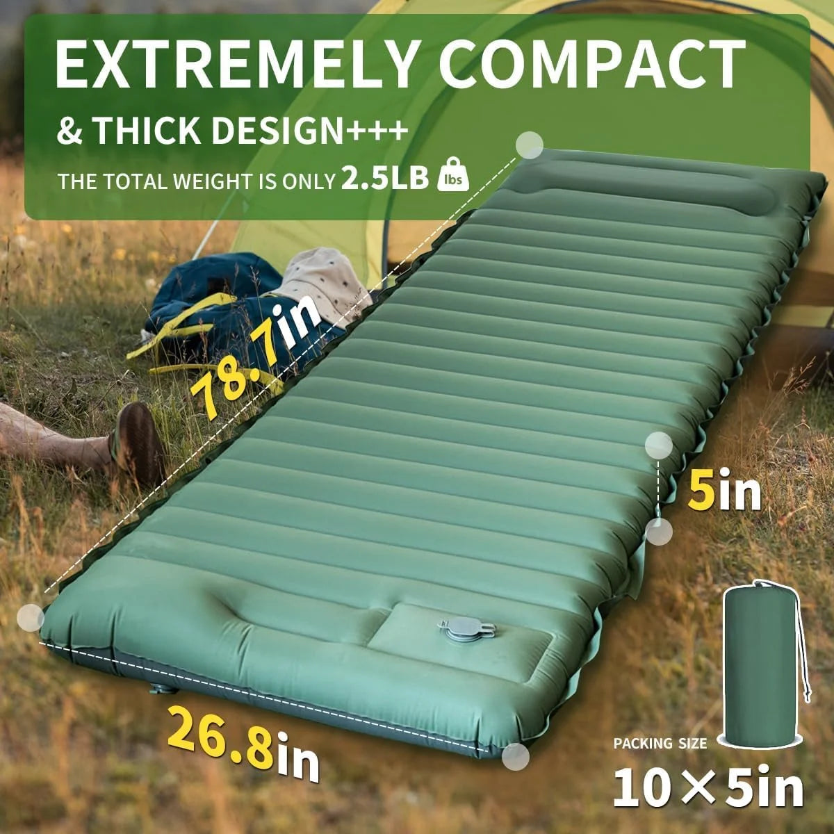 Ultraleichte extra dicke 4‑Zoll‑Camping‑Schlafmatte mit integriertem Kissen und Fußpumpe, aufblasbare Schlafmatte für Outdoor‑Camping