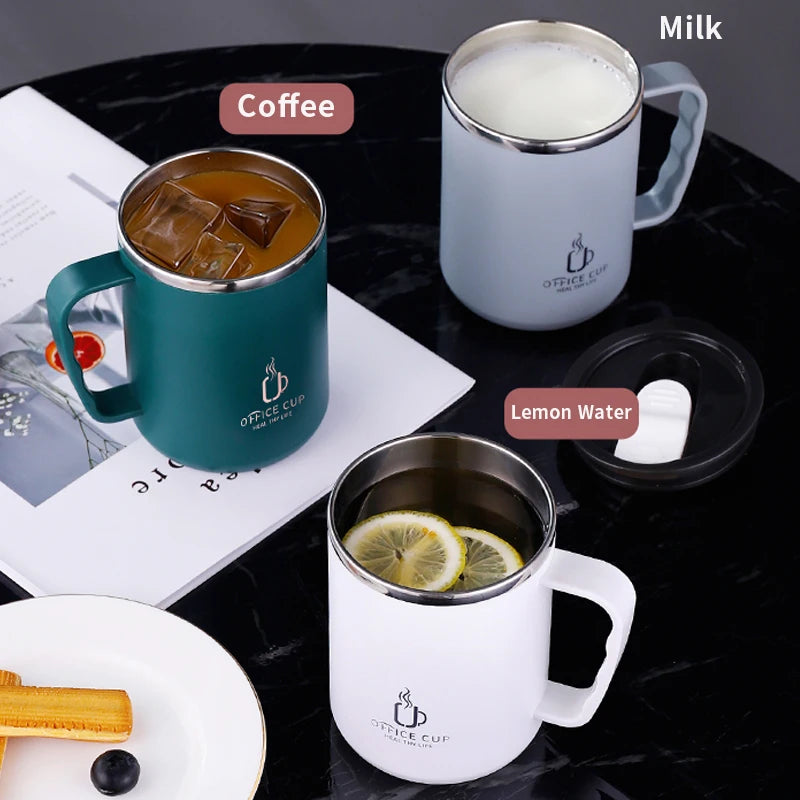 „500‑ml / 17‑oz Thermobecher aus 304‑Edelstahl – doppelwandig, Kaffeebecher/Milchbecher mit Kunststoffdeckel und Griff“