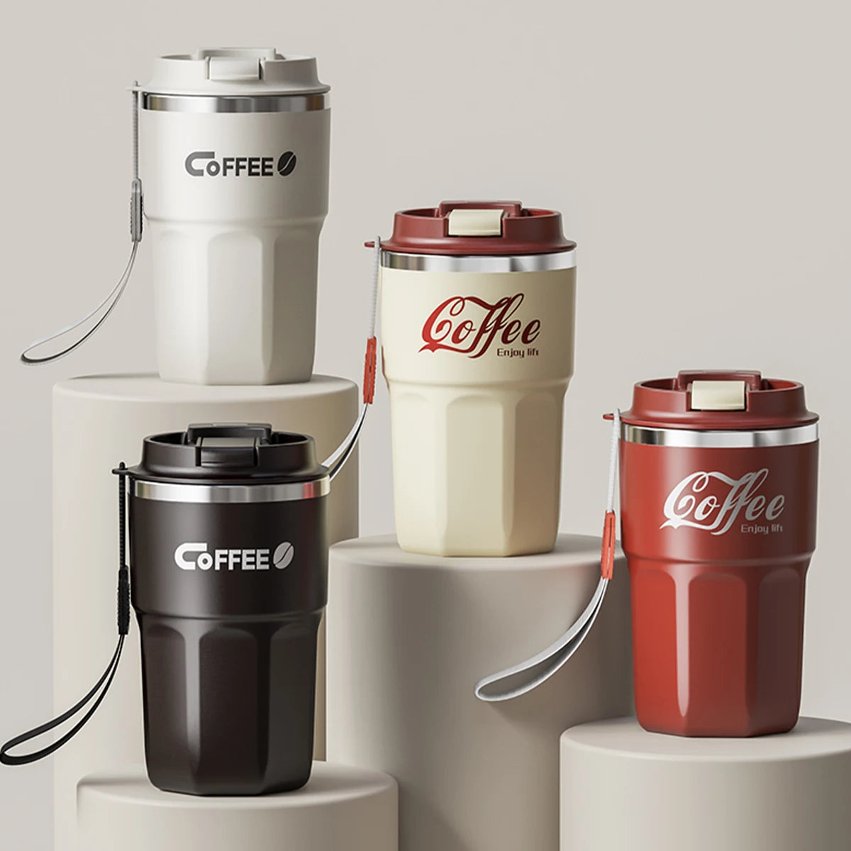 „WORTHBUY 400/480 ml Kaffeebecher aus 304‑Edelstahl mit Deckel und Griff, doppelwandiger Kaffeebecher, wiederverwendbares isoliertes Trinkgefäß“