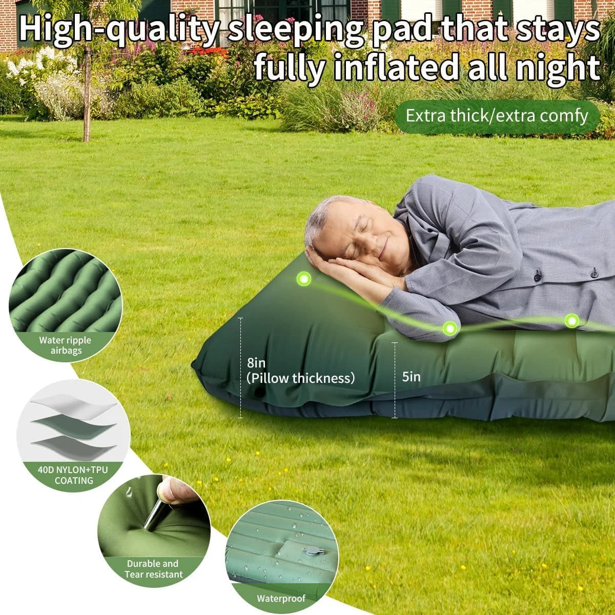 Ultraleichte extra dicke 4‑Zoll‑Camping‑Schlafmatte mit integriertem Kissen und Fußpumpe, aufblasbare Schlafmatte für Outdoor‑Camping