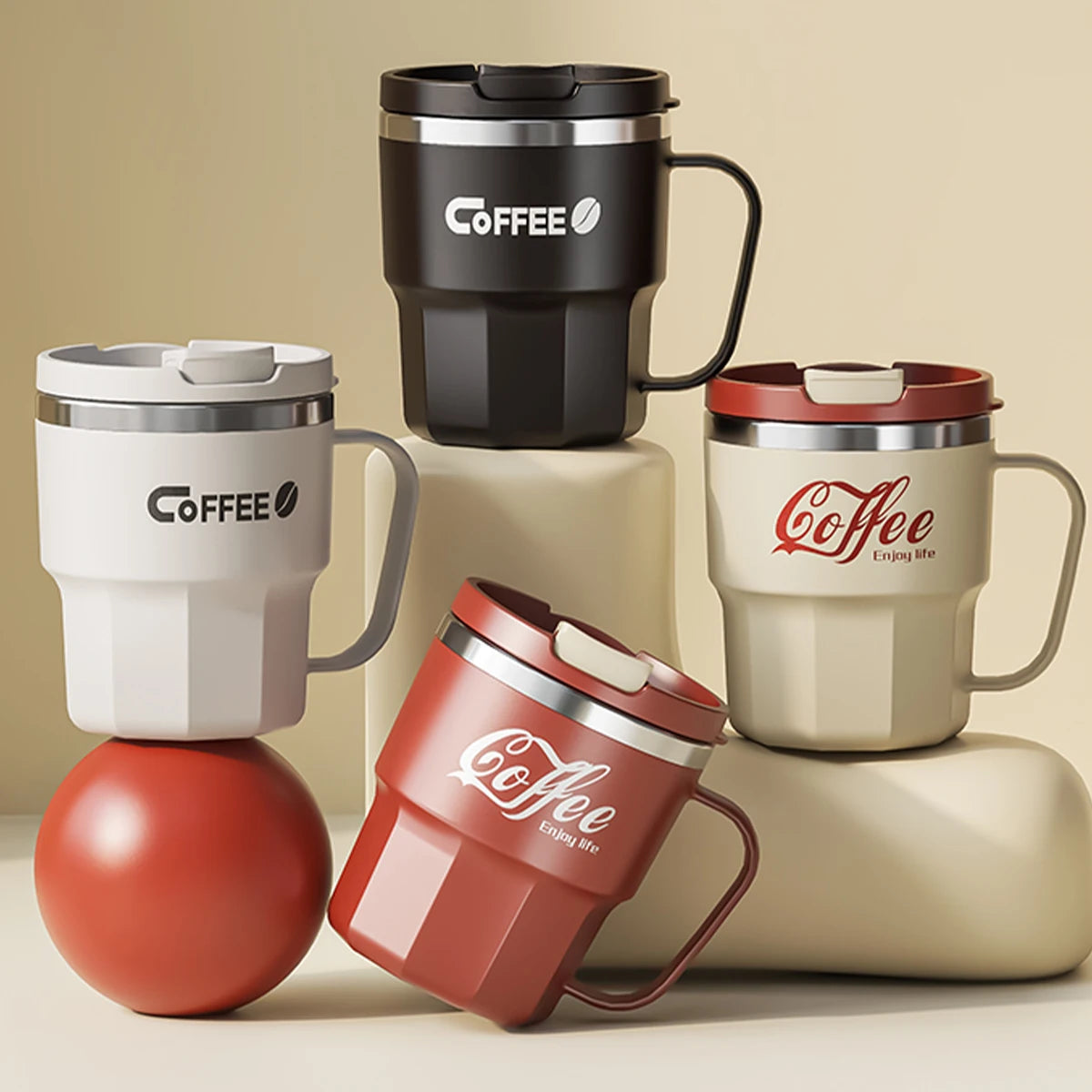 „WORTHBUY 400/480 ml Kaffeebecher aus 304‑Edelstahl mit Deckel und Griff, doppelwandiger Kaffeebecher, wiederverwendbares isoliertes Trinkgefäß“
