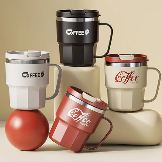 „WORTHBUY 400/480 ml Kaffeebecher aus 304‑Edelstahl mit Deckel und Griff, doppelwandiger Kaffeebecher, wiederverwendbares isoliertes Trinkgefäß“
