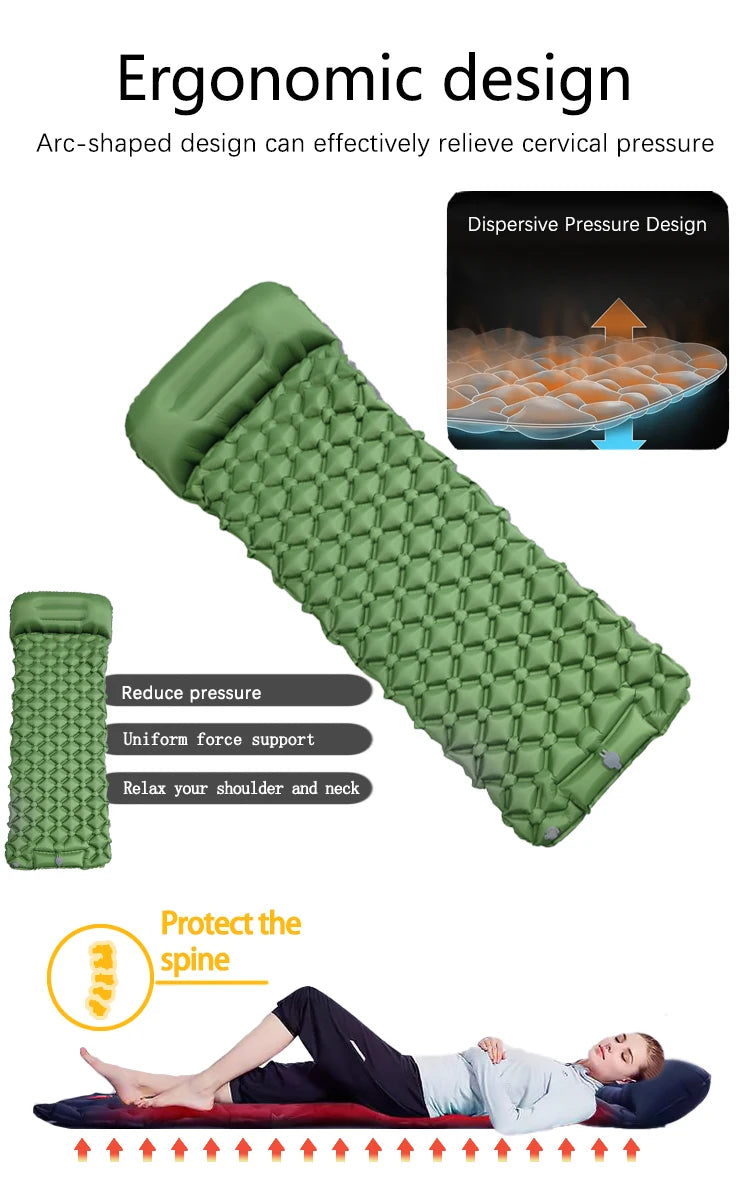 „Outdoor‑Camping‑aufblasbare Matratze Schlafpad mit Kissen ultraleichte Luftmatte mit eingebauter Aufblaspumpe Wandern“