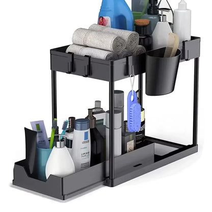 Under Sink Organizer 2-stöckig – Ausziehbarer Schrank-Organizer mit Haken für Küche & Bad, Platzsparender Aufbewahrungskorb mit Tassenhalter