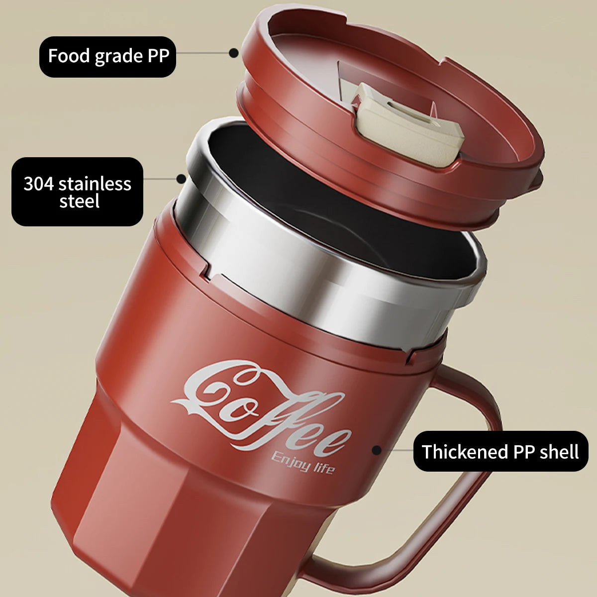 „WORTHBUY 400/480 ml Kaffeebecher aus 304‑Edelstahl mit Deckel und Griff, doppelwandiger Kaffeebecher, wiederverwendbares isoliertes Trinkgefäß“