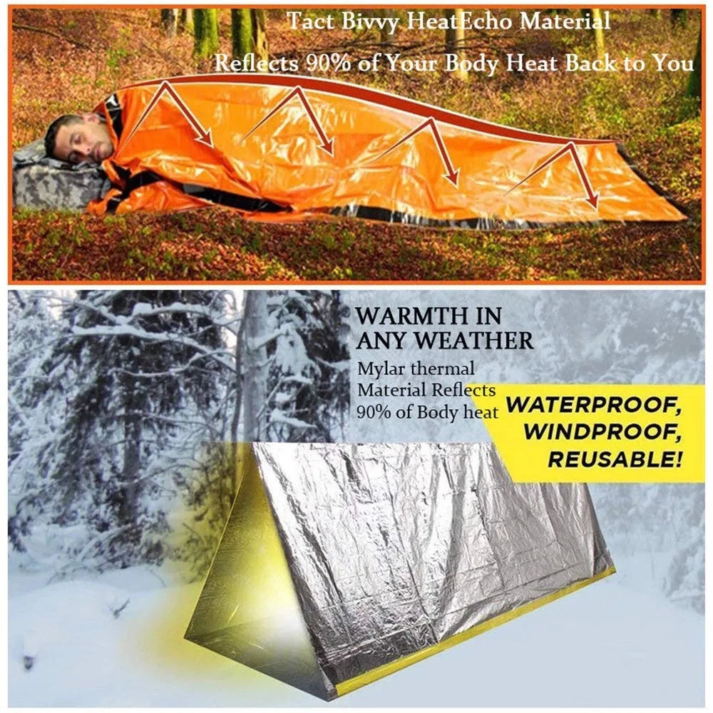Tragbarer, wasserdichter Notfall‑Schlafsack – Outdoor‑EDC‑Campingausrüstung, thermischer Schutzsack, Erste‑Hilfe‑Rettungsset, Mylar‑Rettungsdecke.