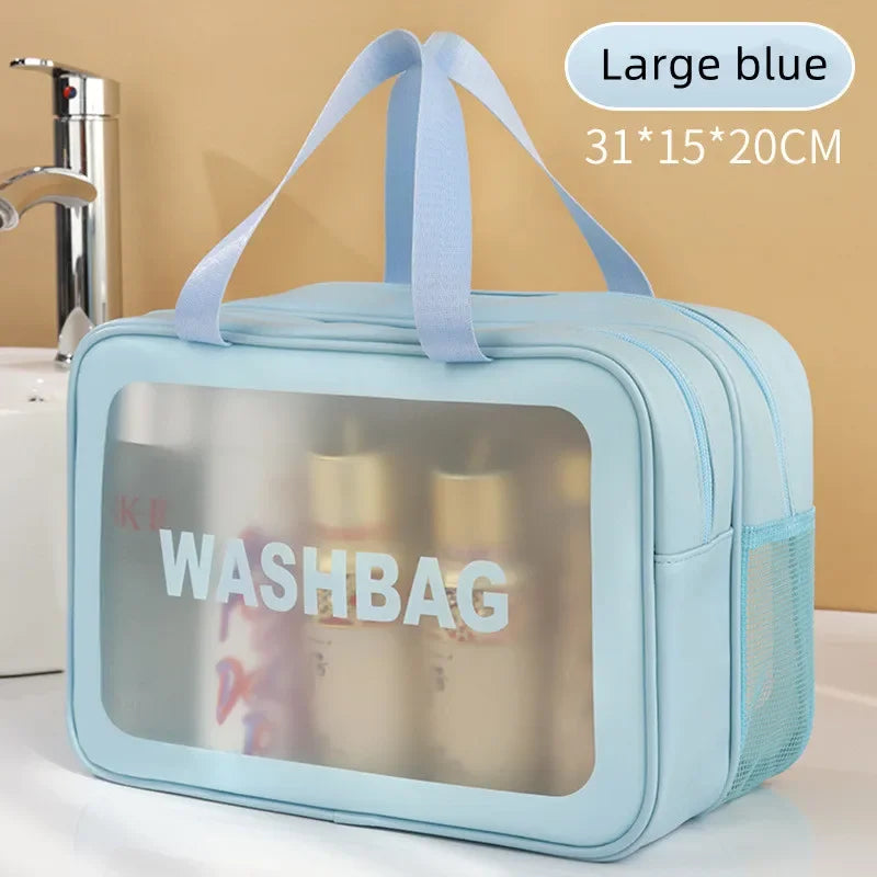 Doppelte transparente PU‑Kosmetiktasche mit Trocken‑/Nass‑Trennung, tragbare Waschtasche, Aufbewahrungstasche für Kosmetik – ideal für Reisen, Fitness und Schwimmen