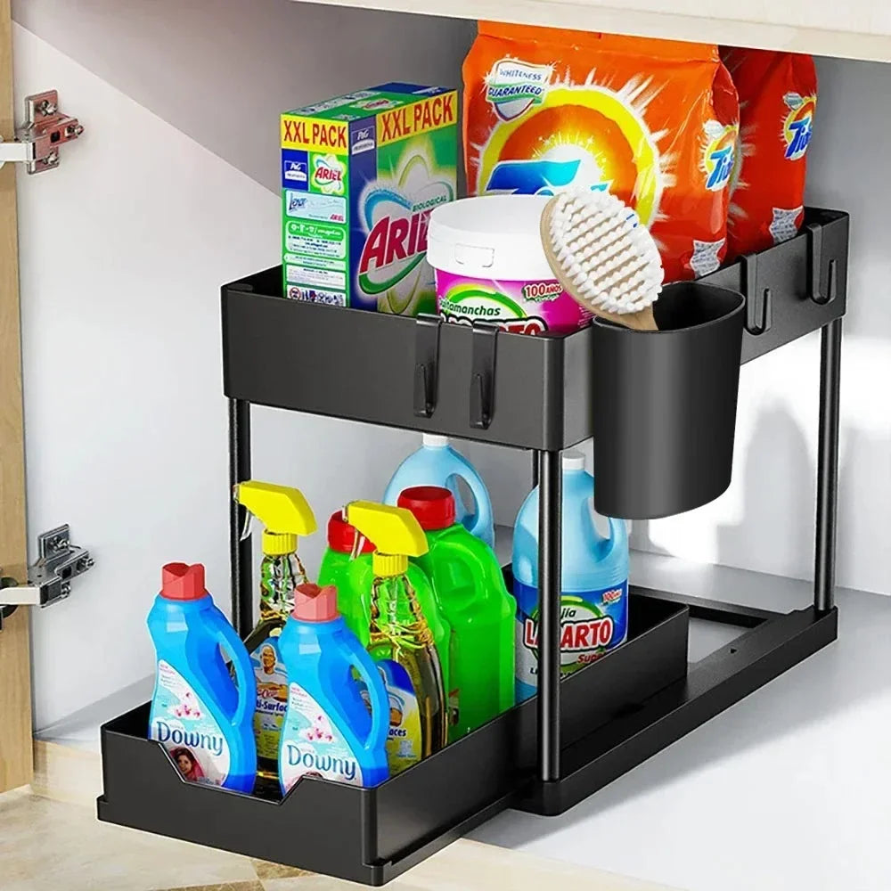 Under Sink Organizer 2-stöckig – Ausziehbarer Schrank-Organizer mit Haken für Küche & Bad, Platzsparender Aufbewahrungskorb mit Tassenhalter
