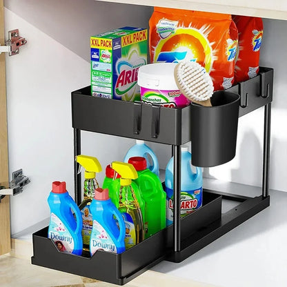 Under Sink Organizer 2-stöckig – Ausziehbarer Schrank-Organizer mit Haken für Küche & Bad, Platzsparender Aufbewahrungskorb mit Tassenhalter