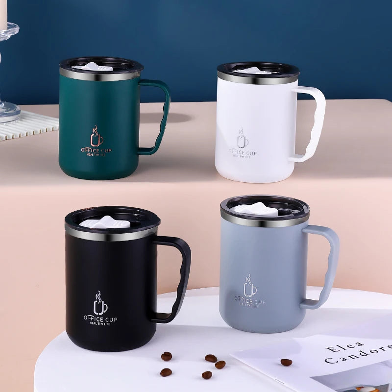 „500‑ml / 17‑oz Thermobecher aus 304‑Edelstahl – doppelwandig, Kaffeebecher/Milchbecher mit Kunststoffdeckel und Griff“