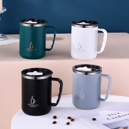 „500‑ml / 17‑oz Thermobecher aus 304‑Edelstahl – doppelwandig, Kaffeebecher/Milchbecher mit Kunststoffdeckel und Griff“