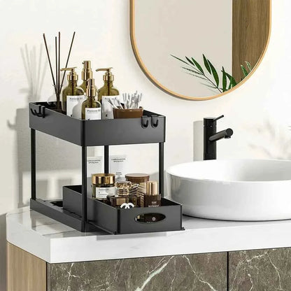 Under Sink Organizer 2-stöckig – Ausziehbarer Schrank-Organizer mit Haken für Küche & Bad, Platzsparender Aufbewahrungskorb mit Tassenhalter
