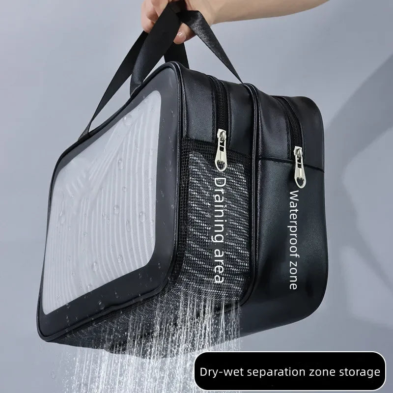 Doppelte transparente PU‑Kosmetiktasche mit Trocken‑/Nass‑Trennung, tragbare Waschtasche, Aufbewahrungstasche für Kosmetik – ideal für Reisen, Fitness und Schwimmen