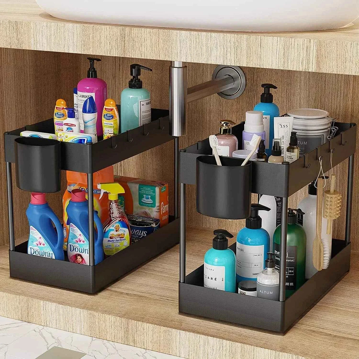 Under Sink Organizer 2-stöckig – Ausziehbarer Schrank-Organizer mit Haken für Küche & Bad, Platzsparender Aufbewahrungskorb mit Tassenhalter