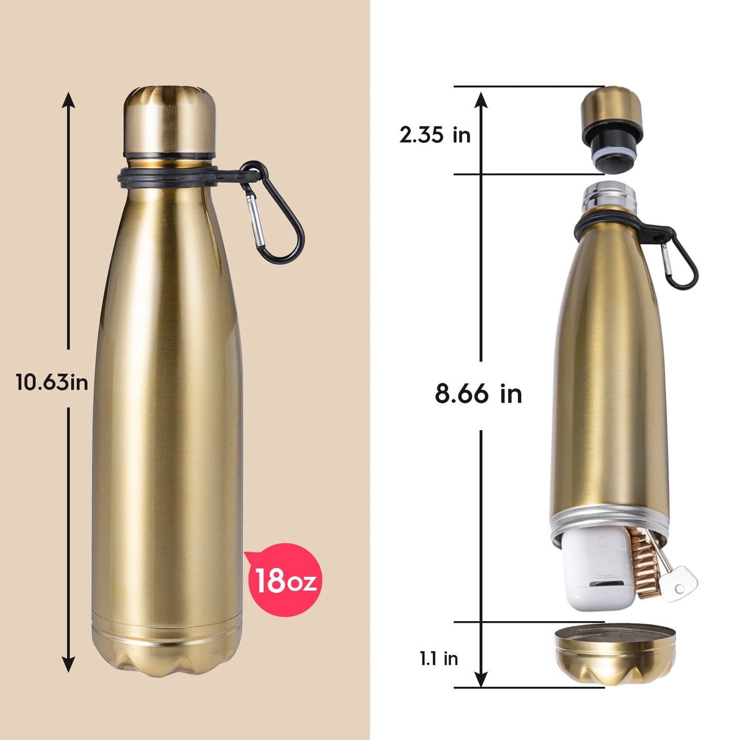 „Diversion‑Wasserflasche – Edelstahl‑Tumbler‑Safe mit lebensmittelechtem, geruchsdichtem Beutel; Boden abschraubbar zur Aufbewahrung“
