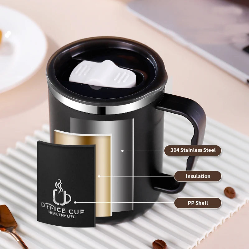 „500‑ml / 17‑oz Thermobecher aus 304‑Edelstahl – doppelwandig, Kaffeebecher/Milchbecher mit Kunststoffdeckel und Griff“