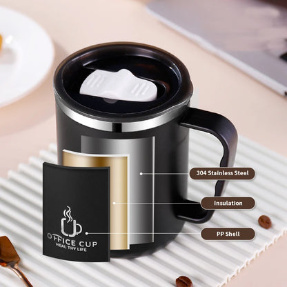 „500‑ml / 17‑oz Thermobecher aus 304‑Edelstahl – doppelwandig, Kaffeebecher/Milchbecher mit Kunststoffdeckel und Griff“