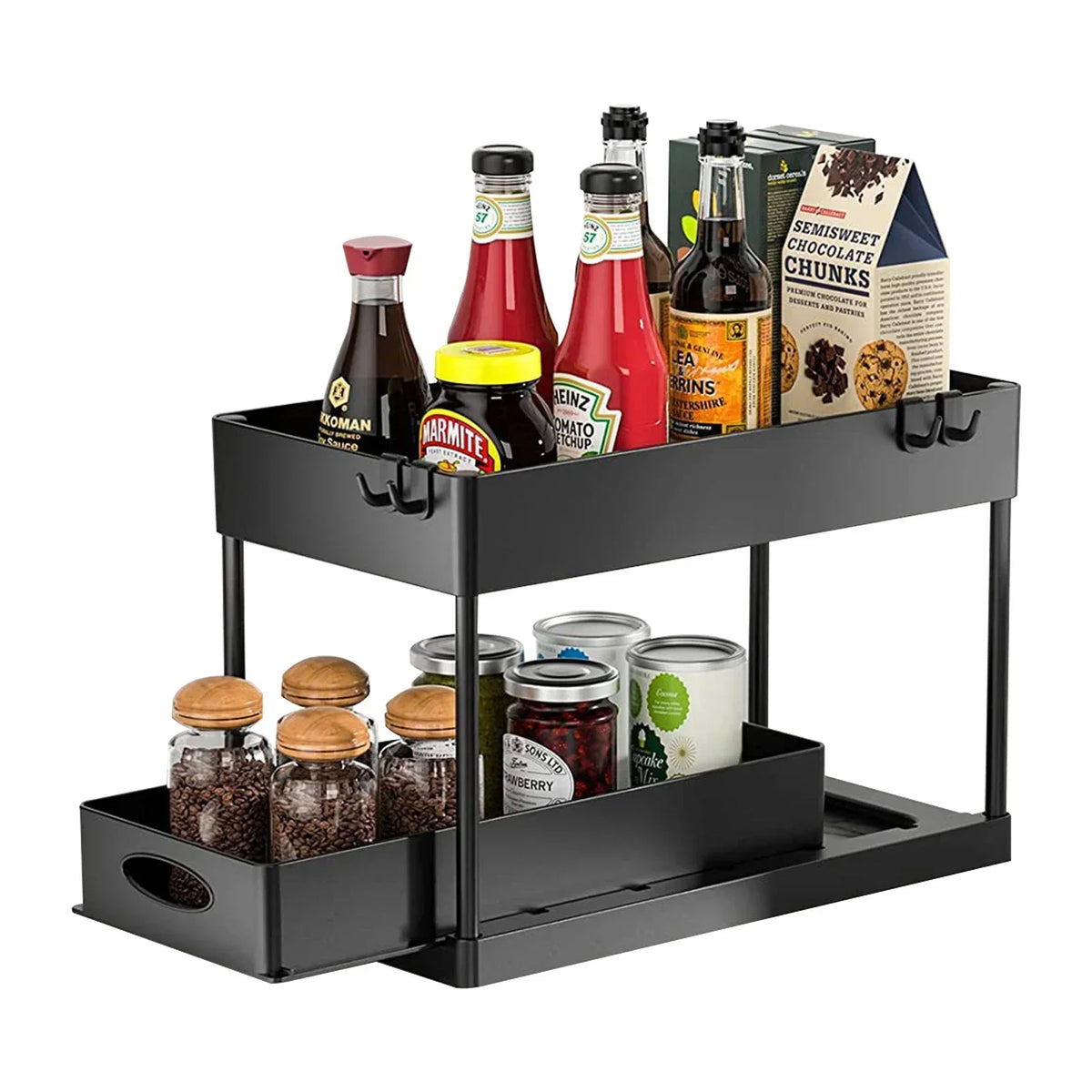 Under Sink Organizer 2-stöckig – Ausziehbarer Schrank-Organizer mit Haken für Küche & Bad, Platzsparender Aufbewahrungskorb mit Tassenhalter