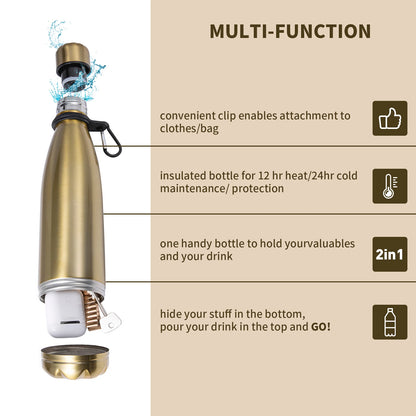 „Diversion‑Wasserflasche – Edelstahl‑Tumbler‑Safe mit lebensmittelechtem, geruchsdichtem Beutel; Boden abschraubbar zur Aufbewahrung“